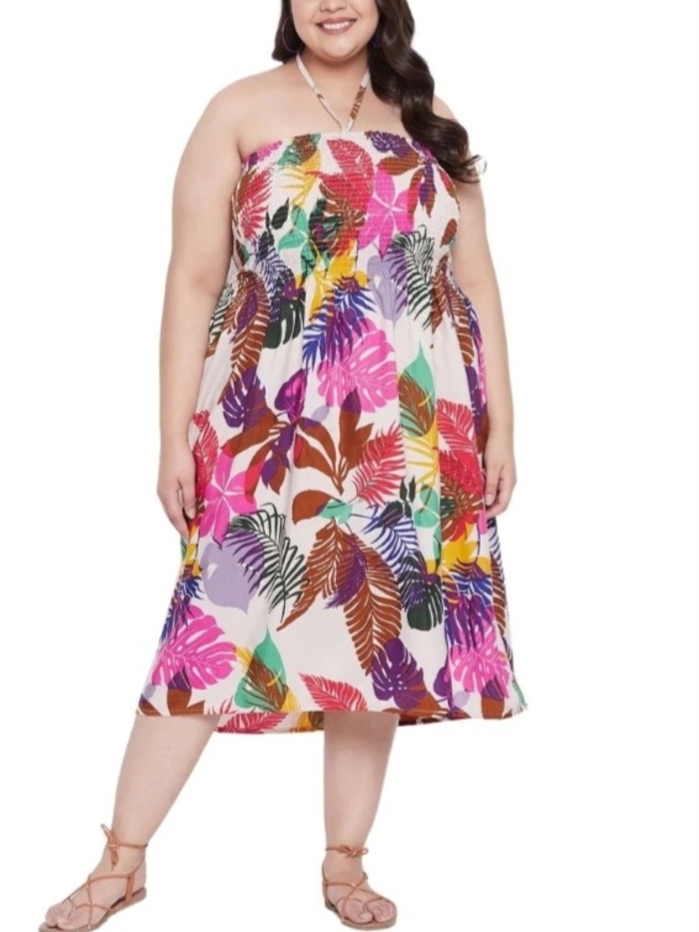 Gypsie Blu Strapless/Halter Neck Midi Sundress in Multi Tropical Print Size 1X